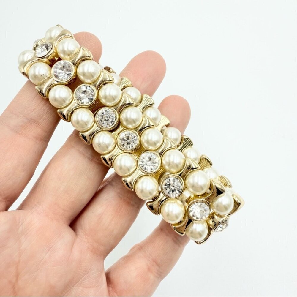 Monet Gold Tone Rhinestones Faux Pearl Stretch Bracelet